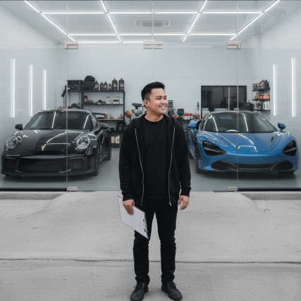 Expert posing outside garage